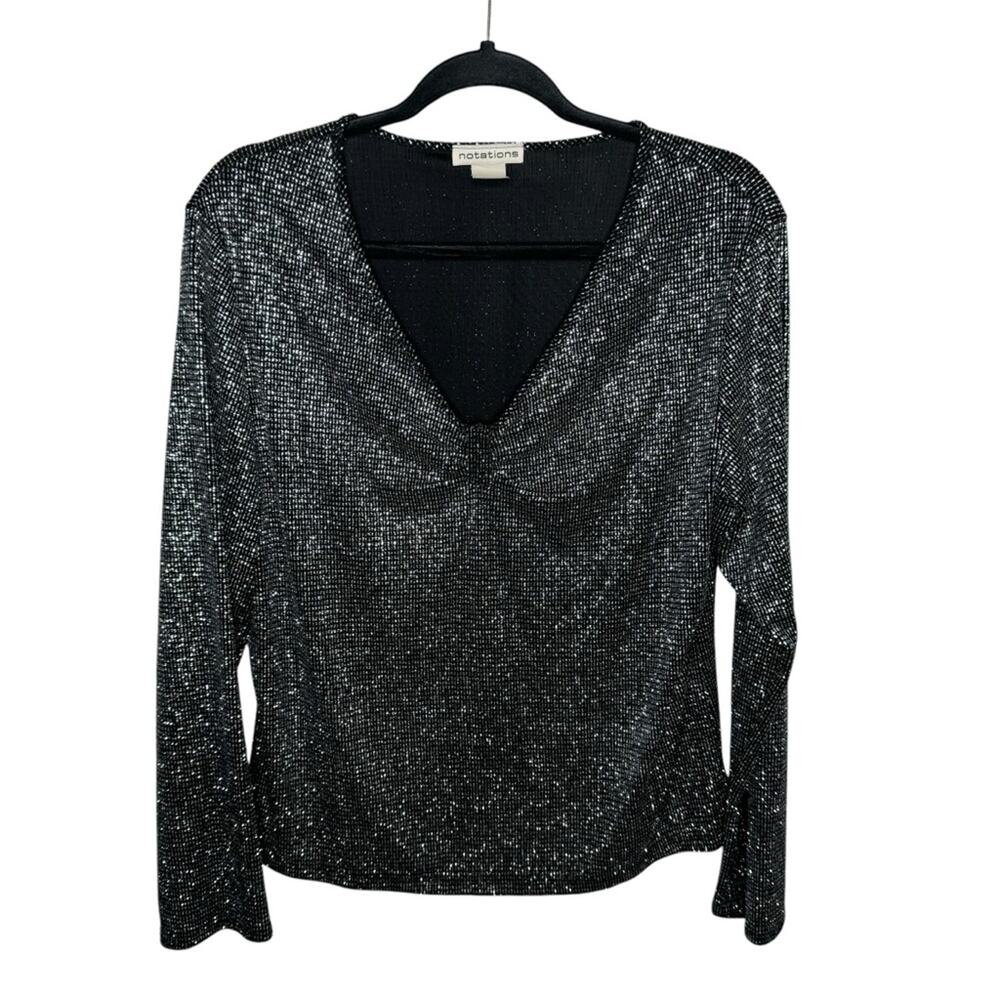 NOTATIONS / vintage black silver glitter metallic long sleeve blouse top / L